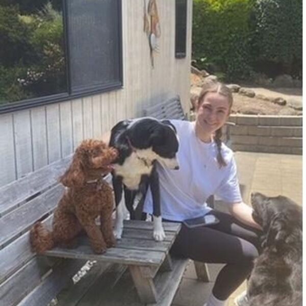 Trainer relaxing on a bench with a group of dogs
